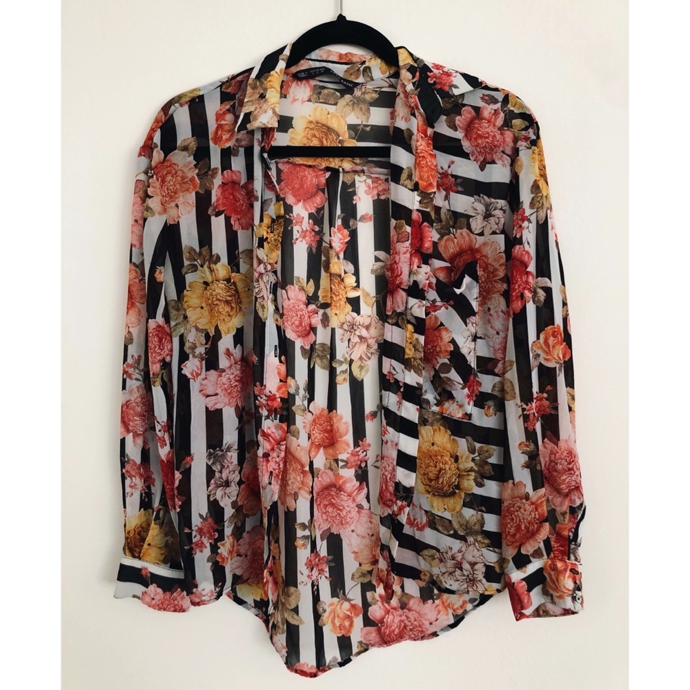 ZARA Sheer Black & White Striped Floral Top